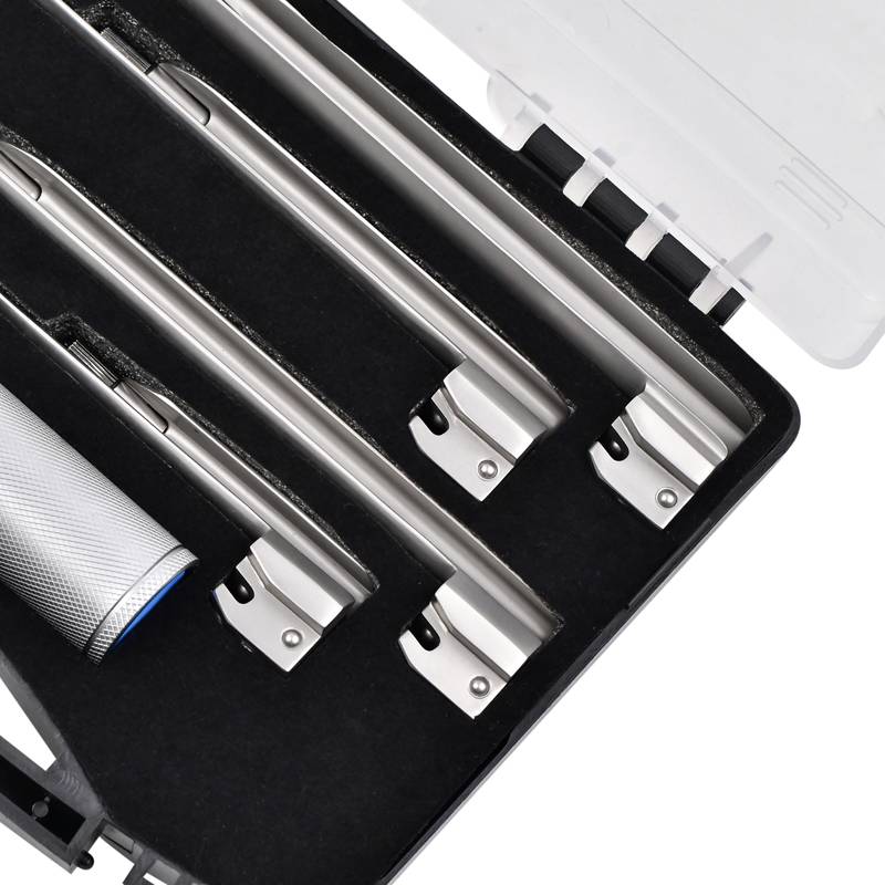 Conventional laryngoscope set close-up with LED lamps on the blades