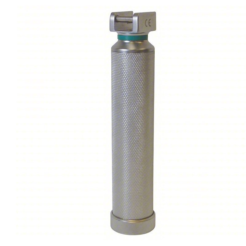 Fiber optic laryngoscope battery handle with green ring and knurled grip