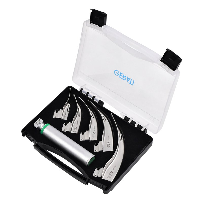 GERATI fiber optic Macintosh laryngoscope set with battery handle and blades 0 to 4 in a hard case