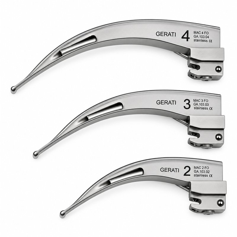 GERATI Macintosh fiber optic laryngoscope blades, sizes 2, 3 and 4
