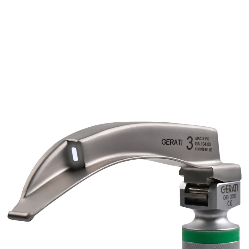 GERATI Macintosh 3 integrated fiber optic blade, GA 104-03, lit on a GB 300 green-system handle