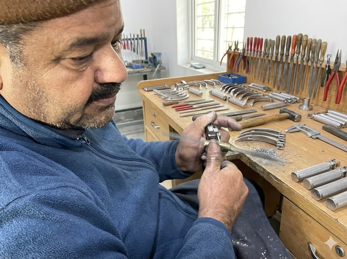 GERATI master craftsman fitting the hook-on heel of a Macintosh laryngoscope blade at his bench in Sialkot