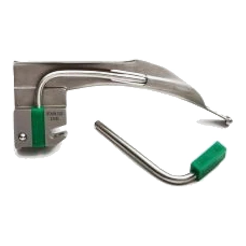Spare removable fiber optic light guide shown beside an interchangeable fiber optic laryngoscope blade
